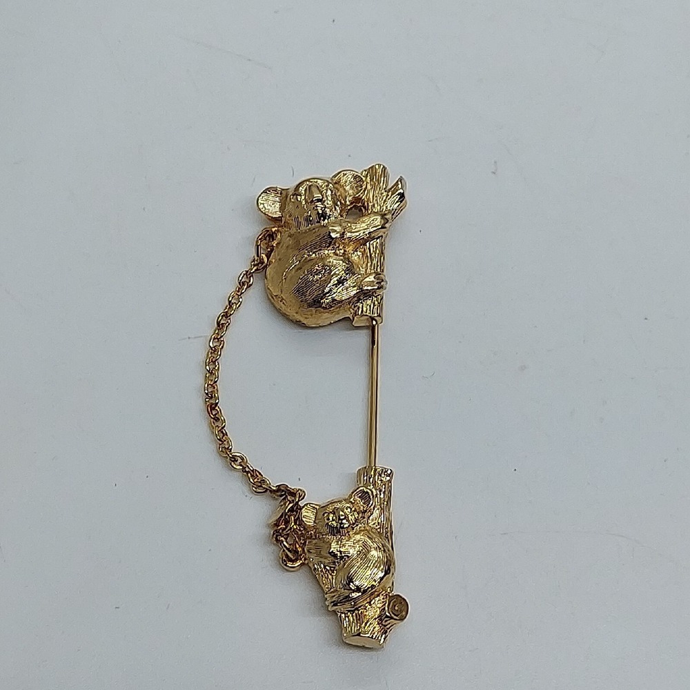 AVON Gold Tone Koala Bear Stick Pin Brooch Two Koalas Tree Branch Chain